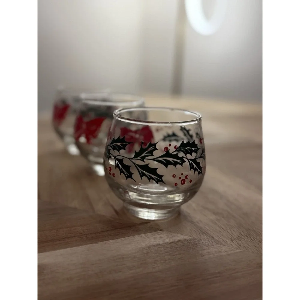 3 VTG MCM  Libby Rolly Polly‎ Low Ball Cocktail Glass Bow Holly Berry XMAS Party